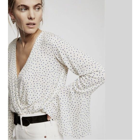 Free People XS Makin Waves Ivory Blue Polka Dot Bell Sleeve Bodysuit - Picture 1 of 9
